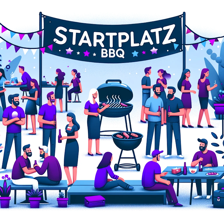DALL·E 2023-11-10 00.58.12 - Illustration for STARTPLATZ BBQ, capturing a lively outdoor barbecue scene with people networking, a grill, and summer vibes. Use Electric Purple (#-2