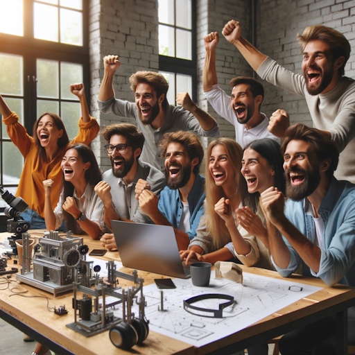 DALL·E 2023-11-10 01.08.32 - Realistic photo of a diverse group of people at a table, cheering and celebrating a tech breakthrough, representing a successful moment at a workshop-1