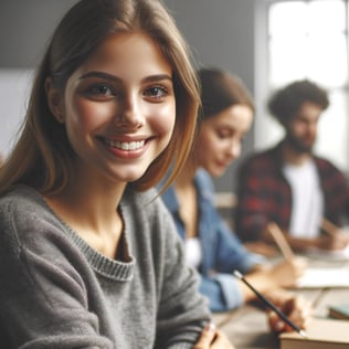 DALL·E 2023-11-10 01.08.42 - Realistic photo of a female student at a workshop, smiling and looking into the camera, conveying a sense of enjoyment and engagement in learning. The-1